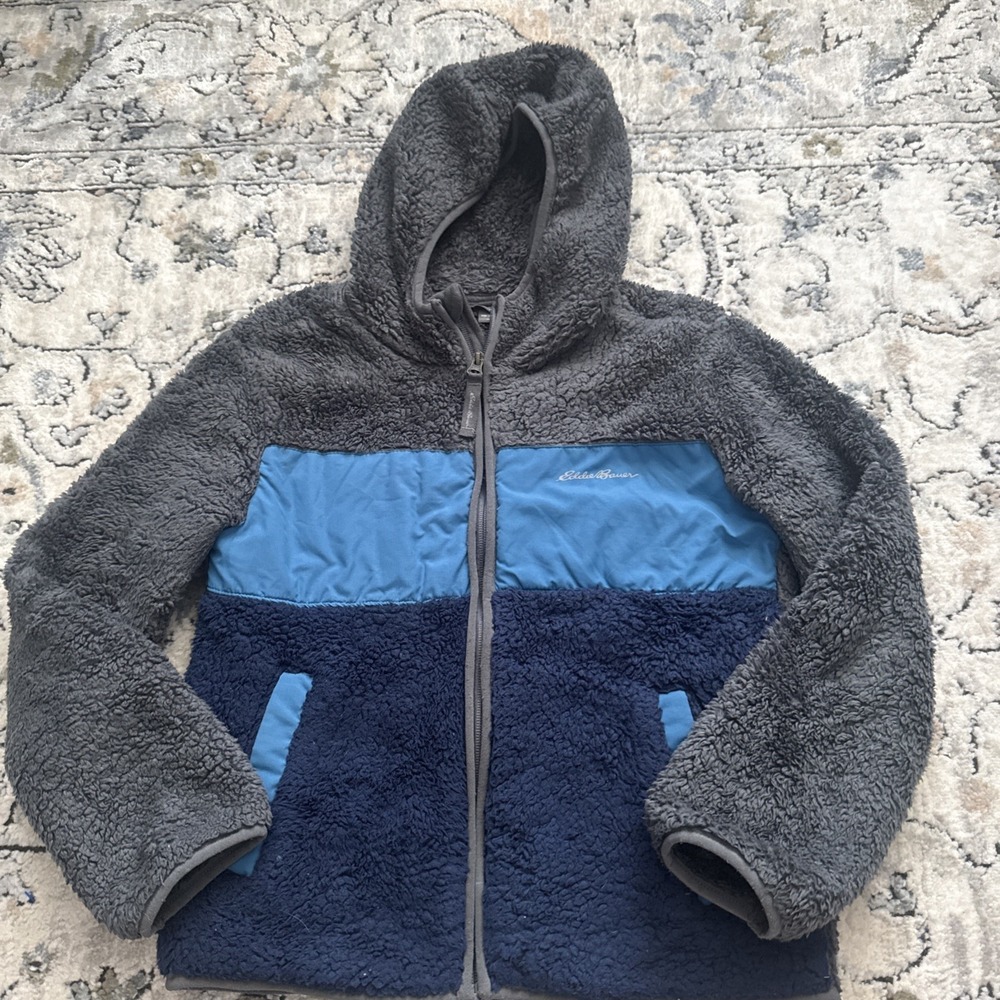 Eddie Bauer Kids Small 7/8 Sherpa Fleece Hoodie Colorblock Gray Blue